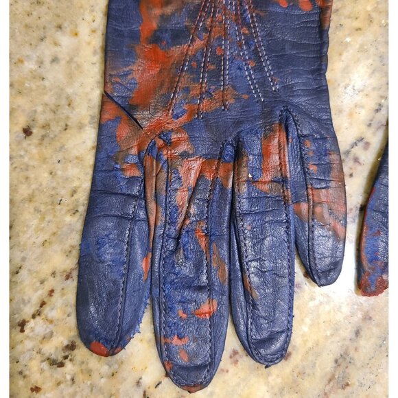 Vintage Size S Blue Leather Long Gloves Slashed Fake Bloody Slashed Zombie War - Picture 2 of 16